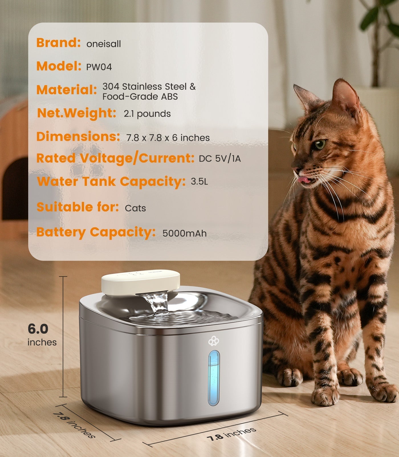 TheSmartLiving - 7L Pet Water Fountain with Visual Water Level